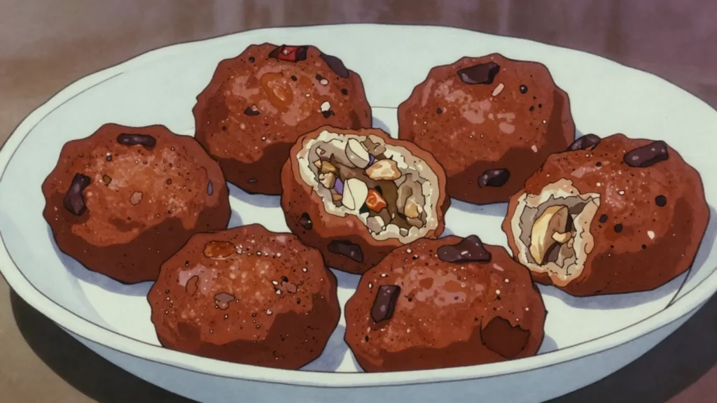Koose, fried bean-flour fritters, morning partner to Hausa koko, Ghana breakfast, anime style