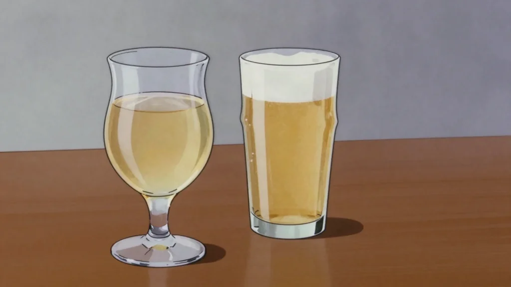 Kopstootje, brimming tulip glass of jenever sipped hands-free, chased with beer, Netherlands cocktail, anime style