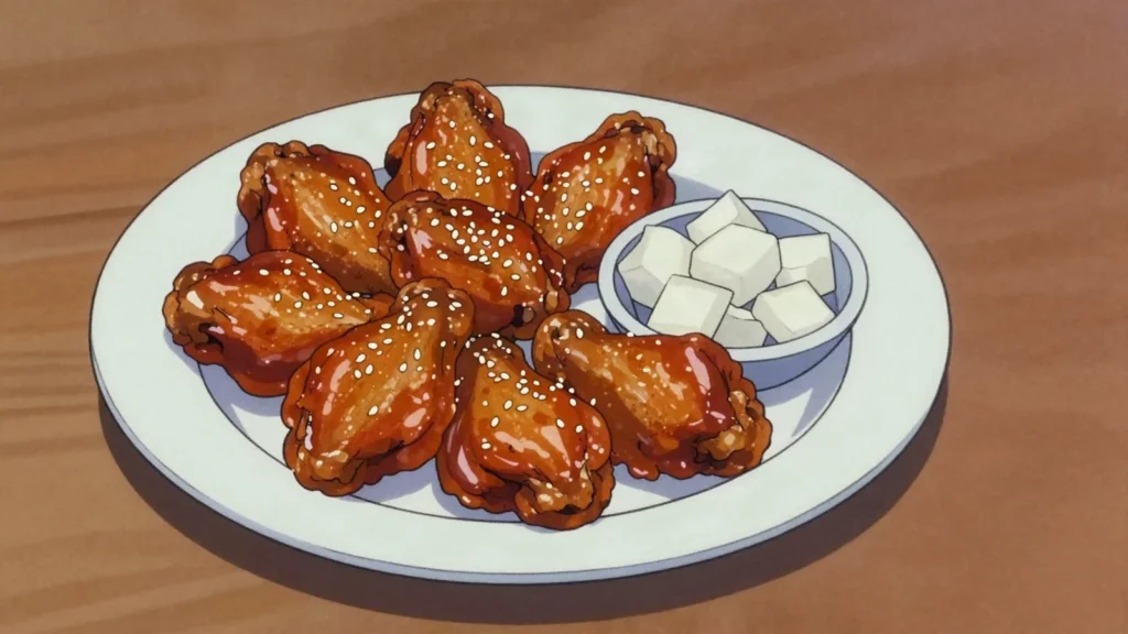 Korean Fried Chicken, double-fried chicken glazed sweet-spicy, paired with beer and pickled, South Korea main, anime style