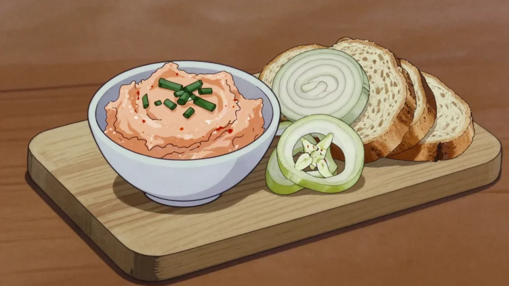 Körözött, sheep-curd spread whipped with paprika, onion and caraway, Hungary cheese & dairy, anime style