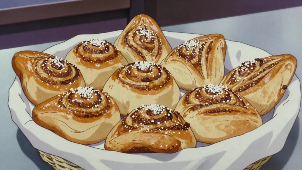 Korvapuusti, butter-cardamom cinnamon buns named 'slapped ears', Finland bread & pastry, anime style