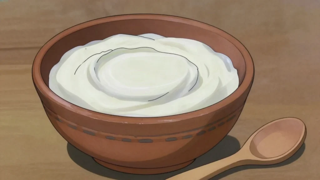 Kos, thick set sheep or cow yoghurt, eaten plain or under baked dishes, Albania fermented & pickled, anime style