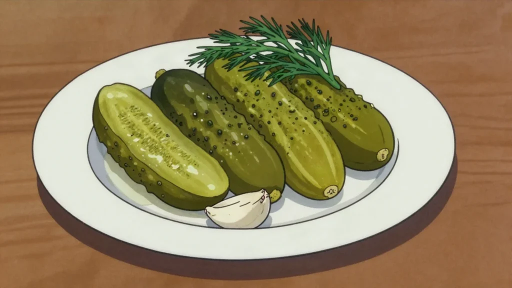 Kosher dill pickle, garlicky barrel-fermented cucumber, sour or half-sour, United States fermented & pickled, anime style
