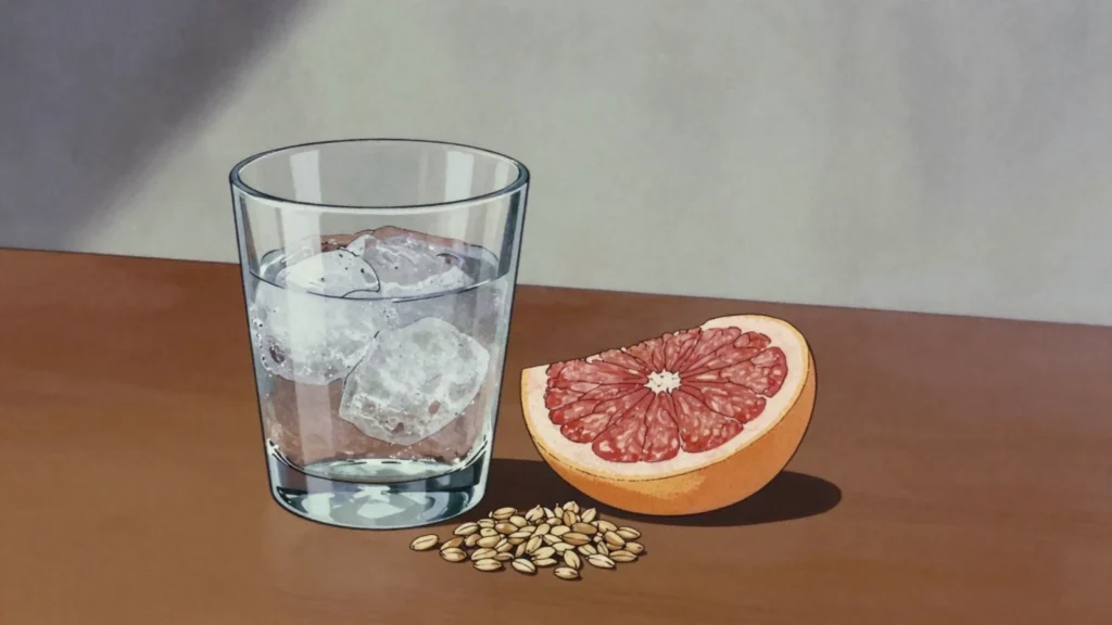 Koskenkorva, clear barley spirit drunk ice cold or mixed with juice, Finland wine & spirit, anime style