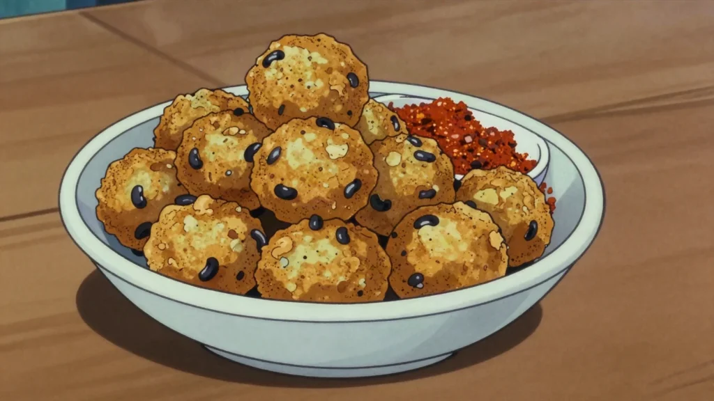 Kossai, puffy black-eyed-pea fritters fried at dawn, eaten with chili, Niger street food, anime style