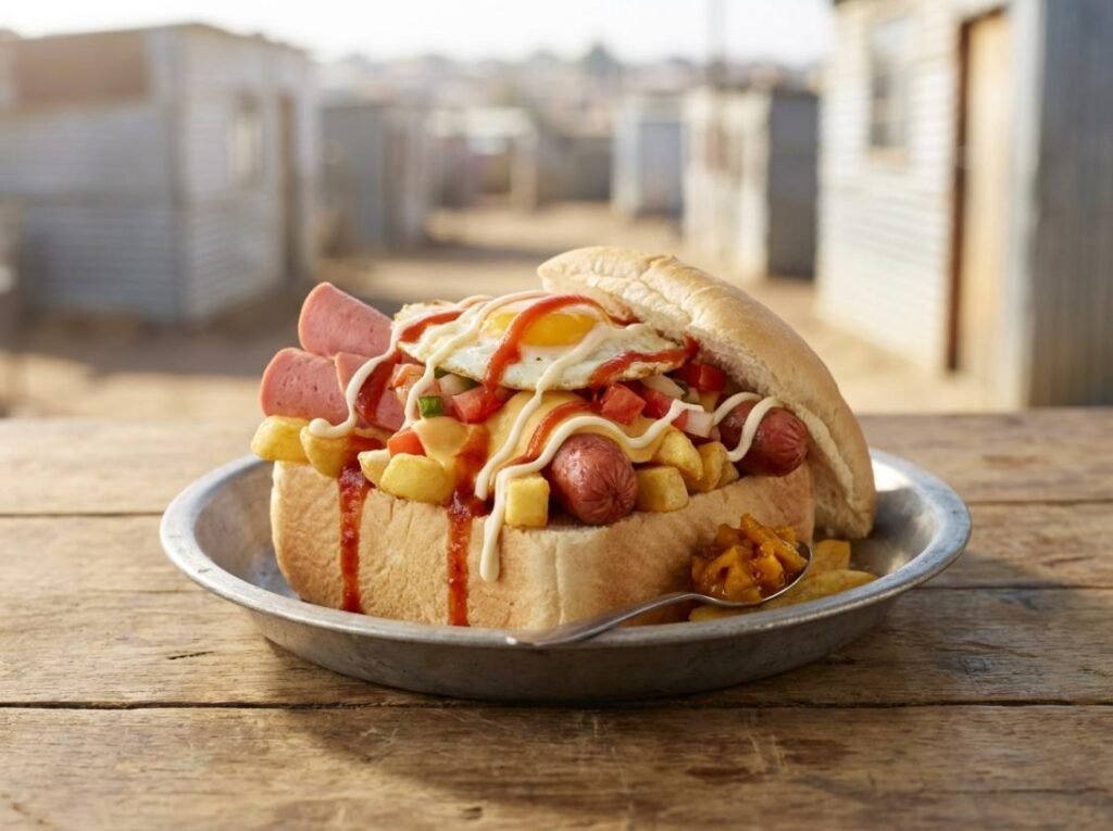 Kota, quarter loaf hollowed and packed with chips, polony, cheese and atchar, South Africa street food