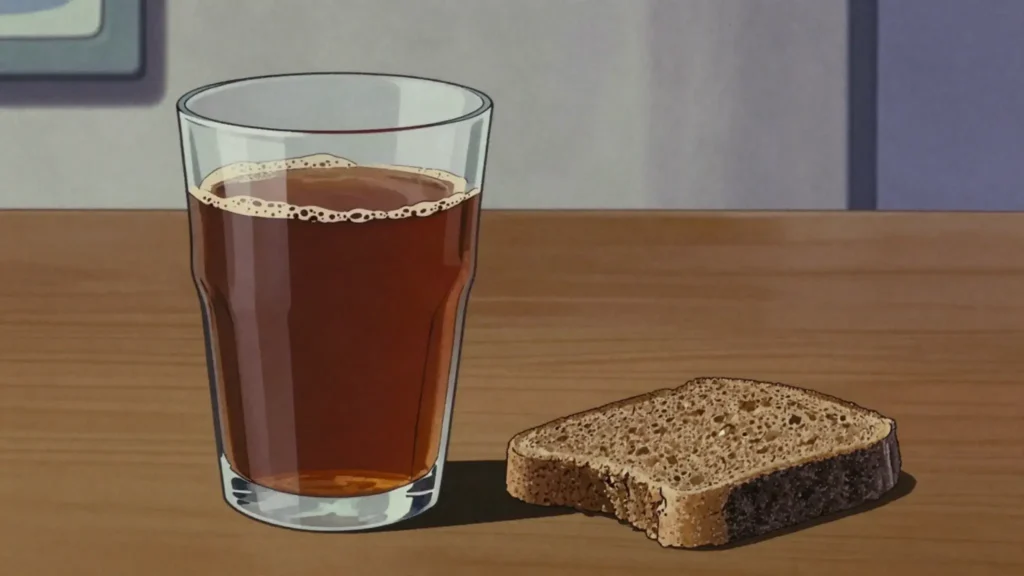 Kotikalja, lightly fermented rye small beer drunk at table with food, Finland drink, anime style