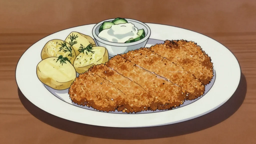 Kotlet schabowy, hammered breaded pork cutlet with potatoes and cabbage, Poland main, anime style