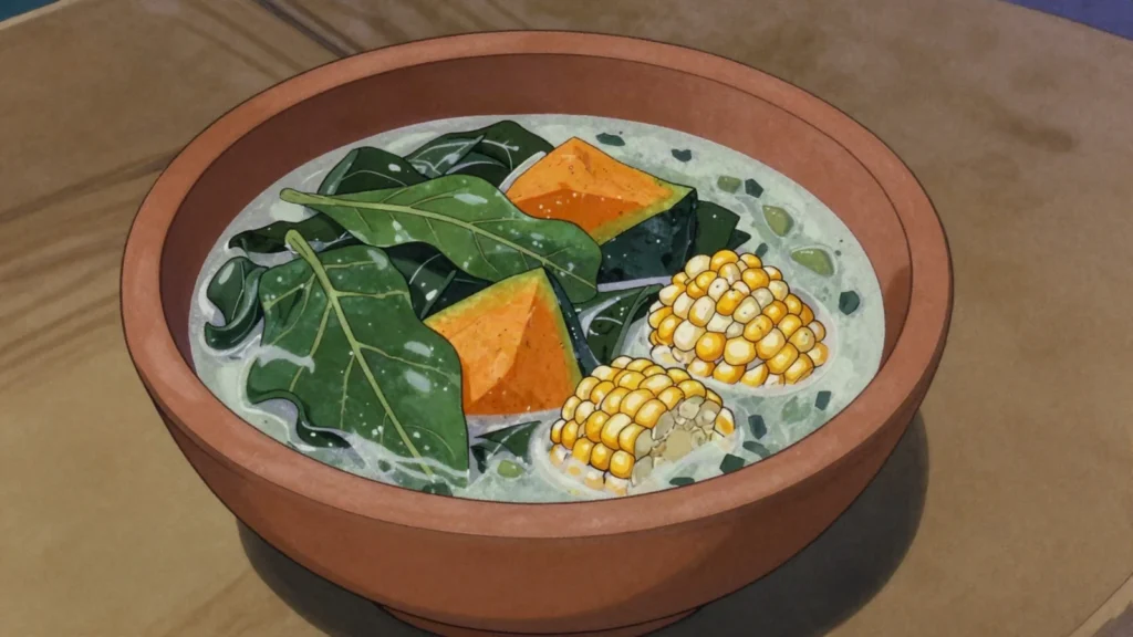 Koto, slow-cooked stew of moringa leaves, pumpkin and seasonal greens, Timor-Leste soup & stew, anime style