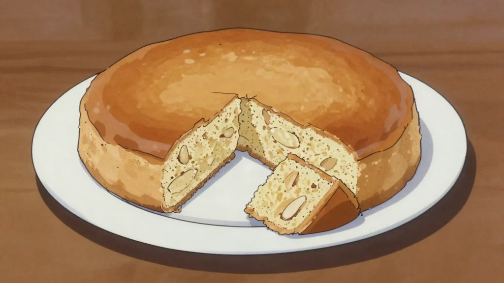 Kotorska torta, rich almond and citrus cake from the Bay of Kotor, served in thin slices, Montenegro dessert, anime style