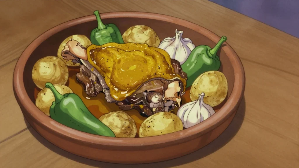 Koucha, lamb shoulder baked in a clay dish with potatoes, turmeric and peppers, Tunisia main, anime style