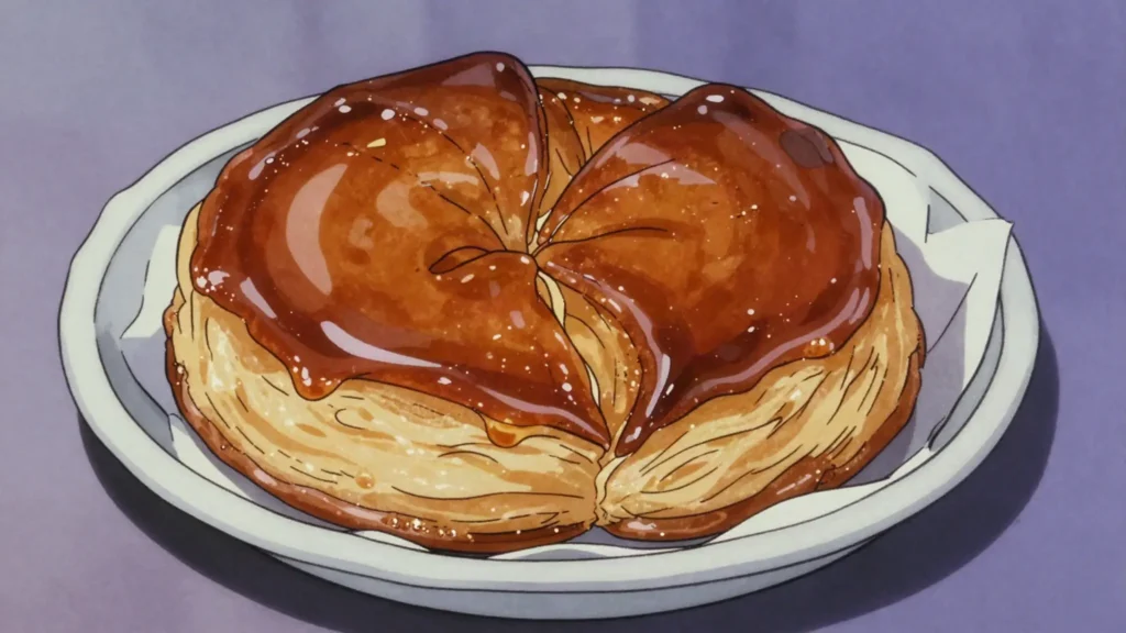 Kouign-amann, laminated Breton cake of butter and sugar caramelised to a crust, France bread & pastry, anime style