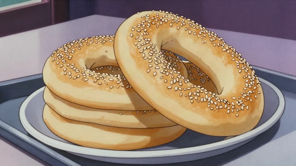 Koulouri, sesame-crusted bread ring sold from morning carts, Greece street food, anime style