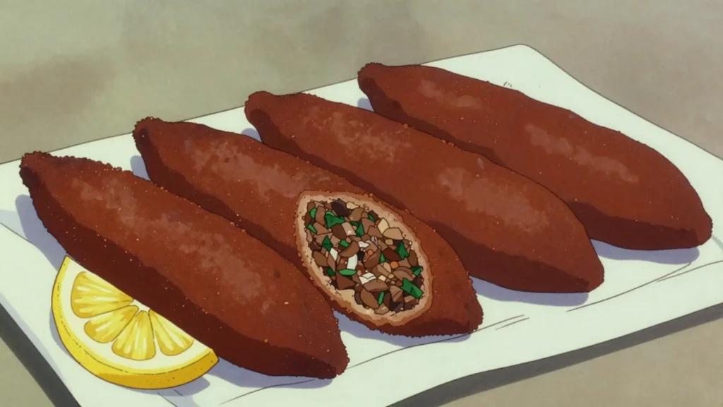 Koupes, torpedo-shaped bulgur shells filled with spiced minced meat, deep-fried, Cyprus street food, anime style