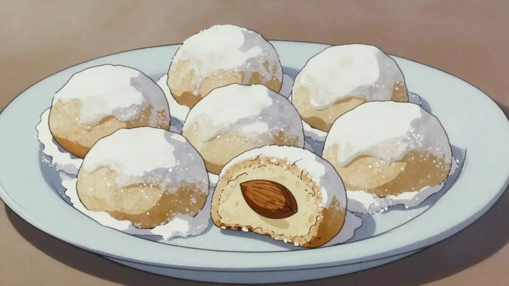 Kourabiedes, buttery almond shortbread buried under thick icing sugar, Greece dessert, anime style