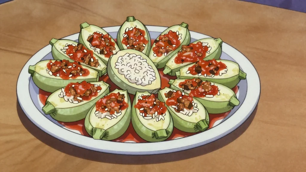 Kousa mahshi, cored courgettes stuffed with rice and lamb, simmered in tomato or yoghurt, Palestine main, anime style