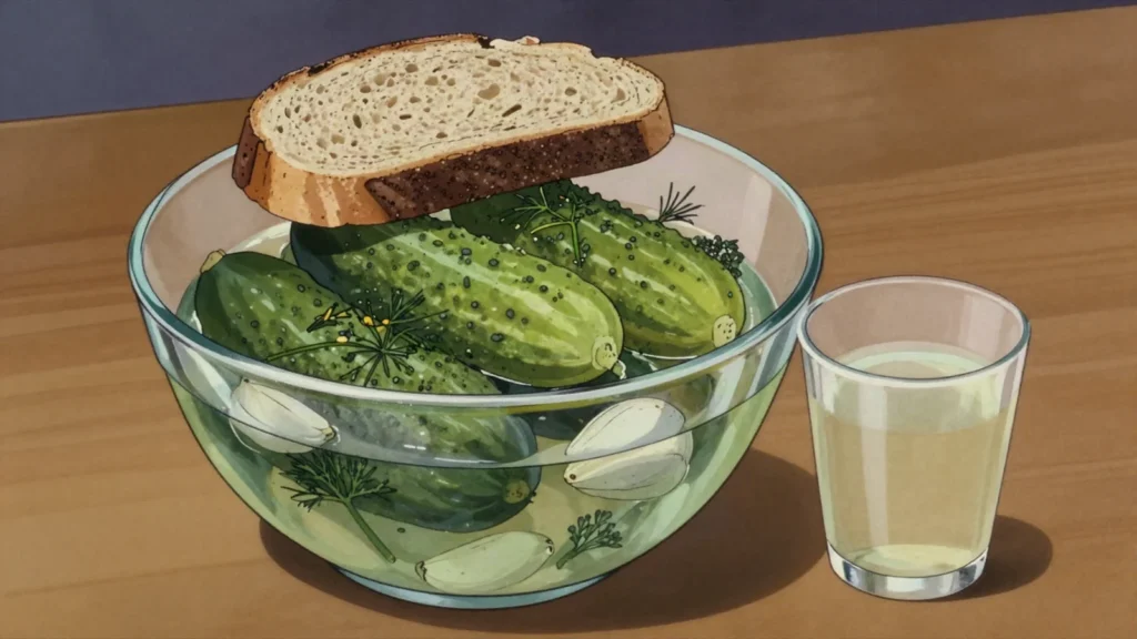 Kovászos uborka, cucumbers soured in the summer sun with bread and dill, Hungary fermented & pickled, anime style