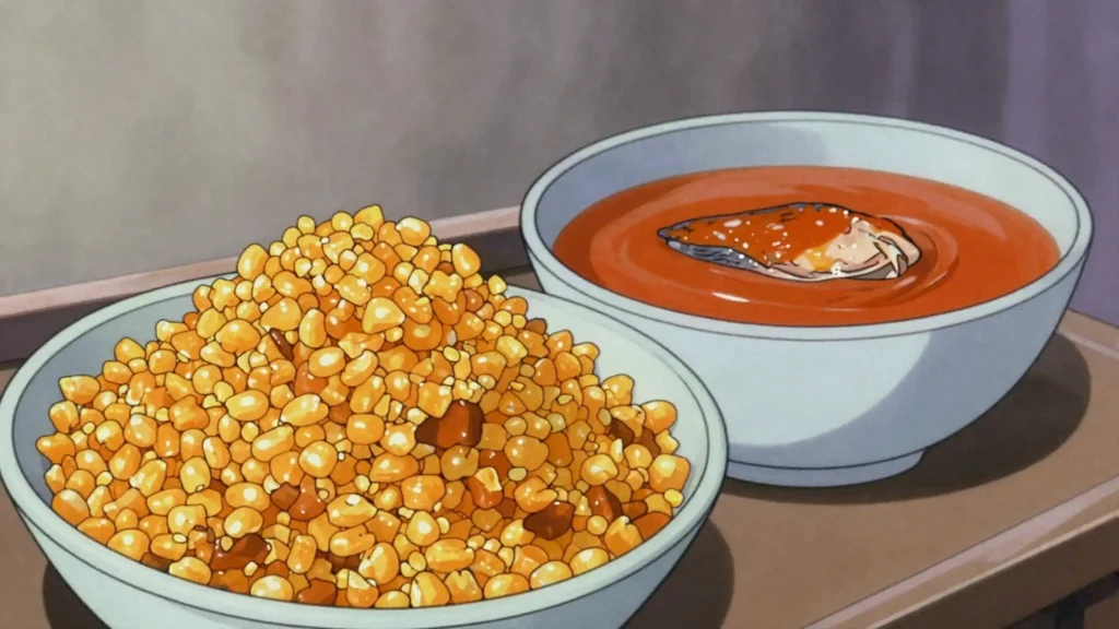 Kpokpoi, steamed fermented maize meal loosened with palm oil, eaten with palm nut soup, Ghana main, anime style