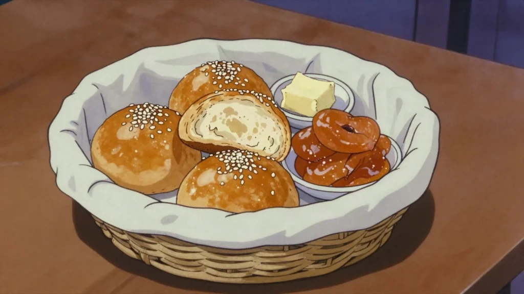 Krachel, sweet rolls scented with anise, orange-flower water and sesame, served warm at, Morocco bread & pastry, anime style