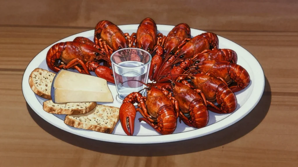 Kräftskiva, crayfish boiled with dill and eaten cold at an August party with snaps, Sweden main, anime style