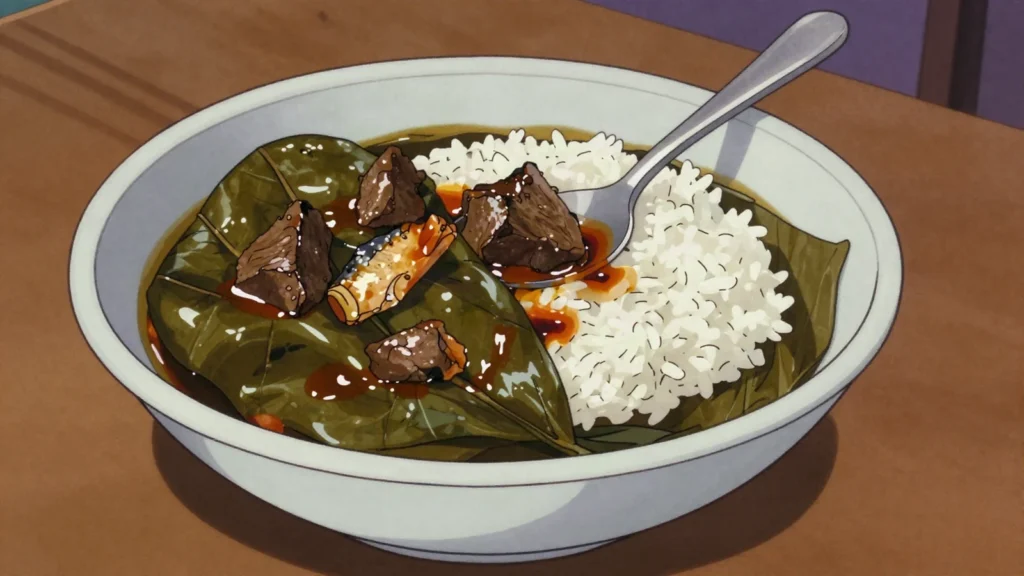 Krain krain, slippery jute-leaf sauce with smoked fish and palm oil, Sierra Leone soup & stew, anime style