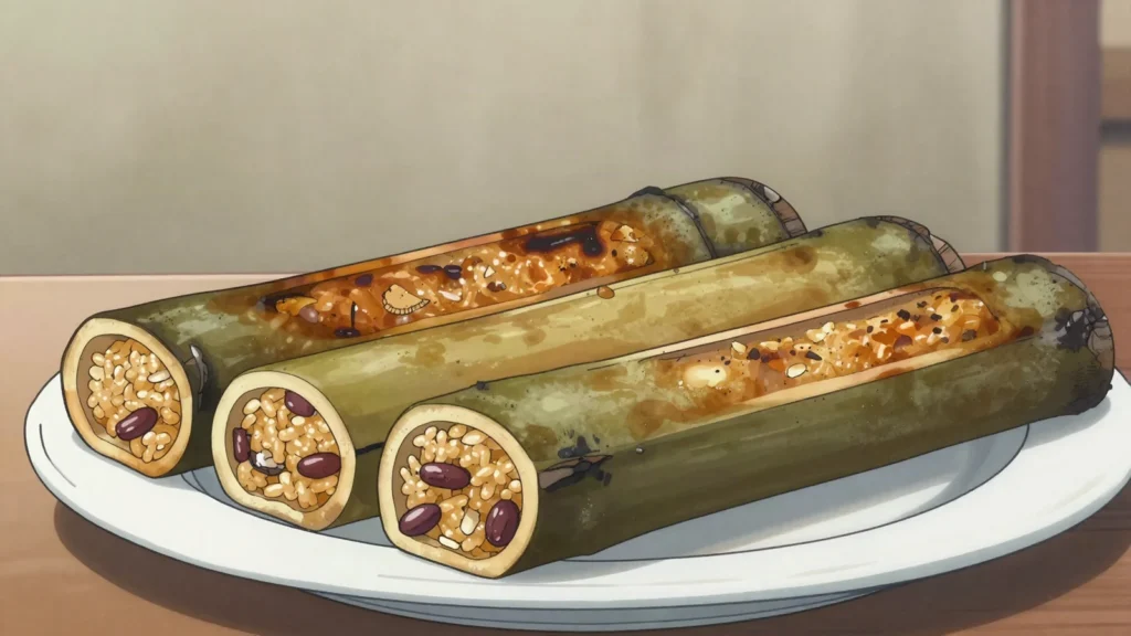 Kralan, sticky rice with beans and coconut roasted in bamboo tubes, Cambodia snack, anime style