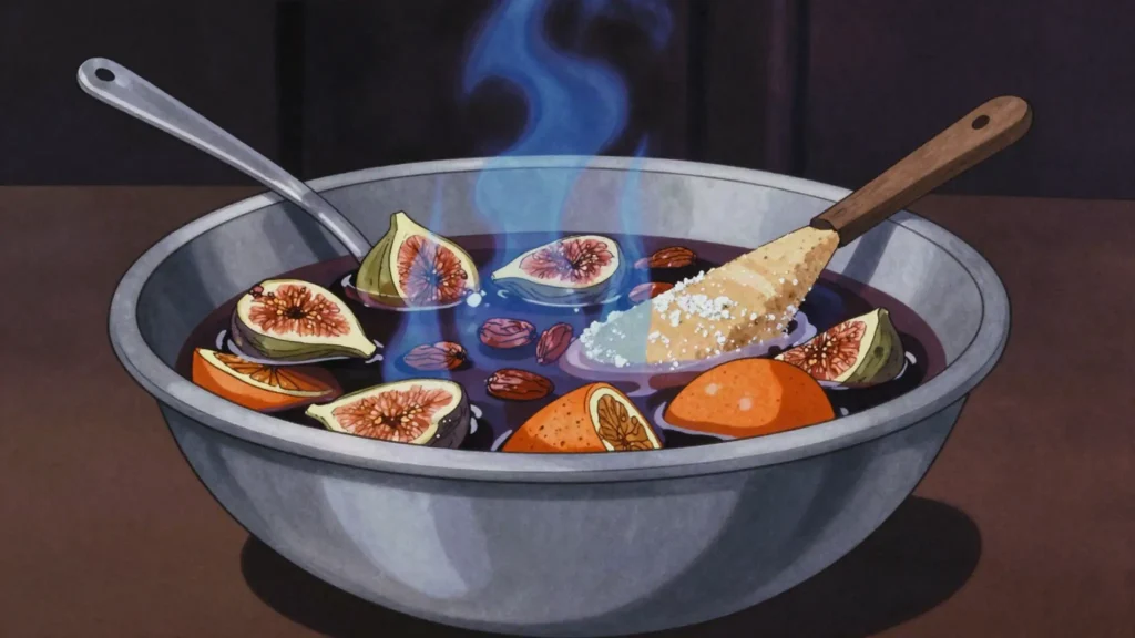 Krampampuli, rum burned over sugar and dried fruit in a darkened room, ladled hot, Hungary cocktail, anime style