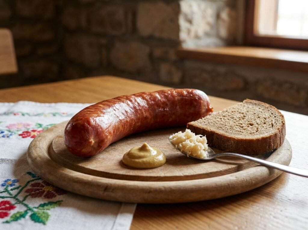 Kranjska klobasa, juicy smoked Carniolan pork sausage with mustard, horseradish, Slovenia charcuterie & cured