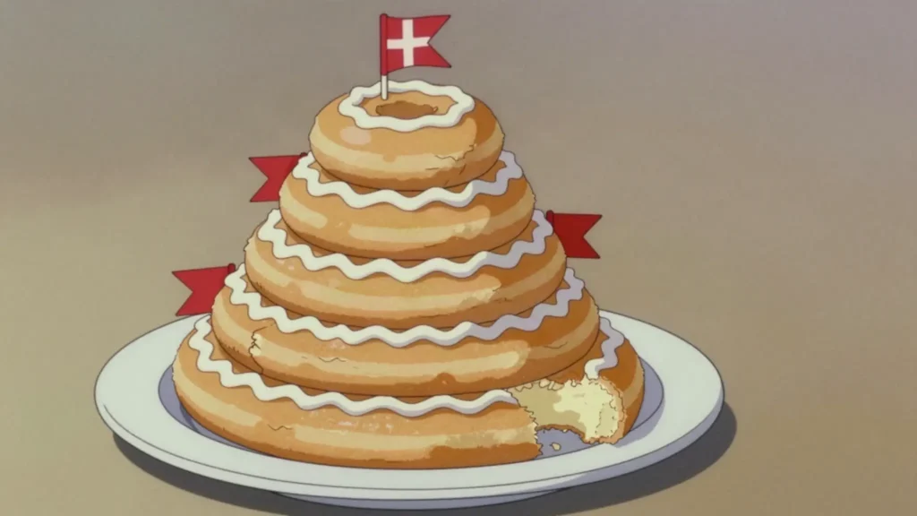 Kransekage, tower of marzipan rings cracked open at New Year and weddings, Denmark dessert, anime style