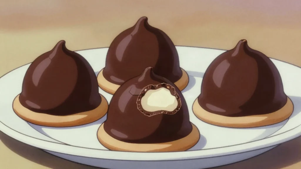 Krembo, chocolate-coated marshmallow cream on biscuit, winter-only treat, Israel snack, anime style