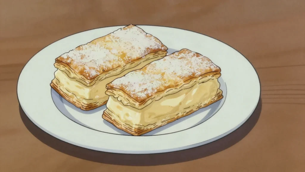 Kremówka, two sheets of puff pastry filled with thick custard cream, Poland dessert, anime style