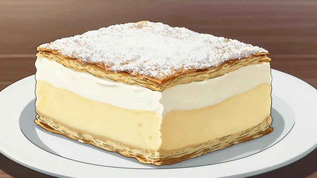 Kremšnita, samobor custard-cream slice between puff pastry, Croatia dessert, anime style