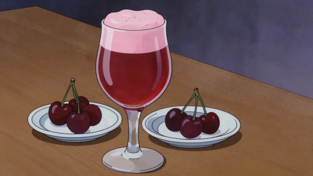 Kriek, lambic steeped with sour cherries until pink, tart and fruity, Belgium wine & spirit, anime style