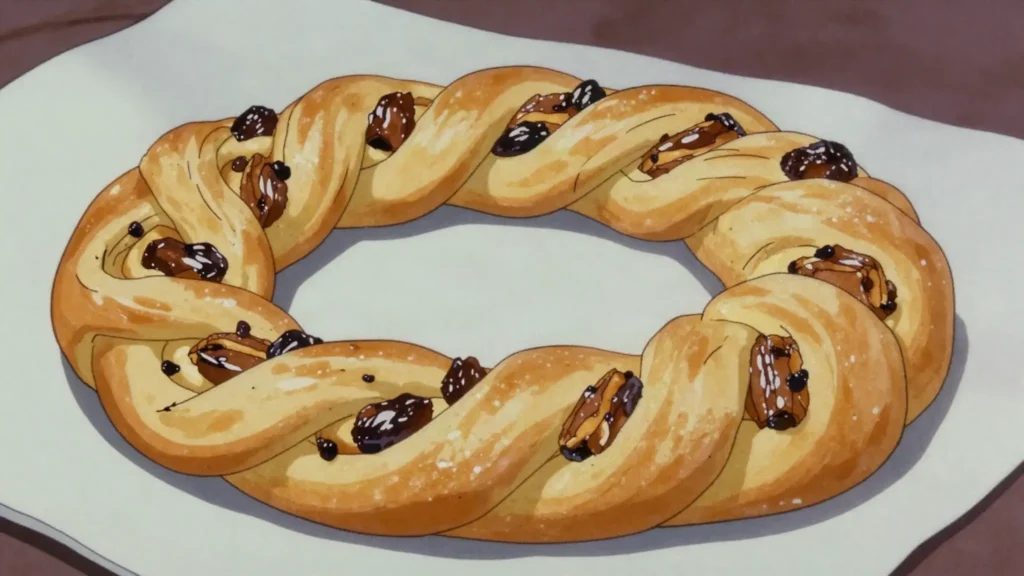Kringel, braided cardamom-raisin birthday bread, Estonia bread & pastry, anime style