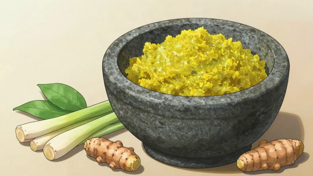 Kroeung, pounded paste of lemongrass, galangal, turmeric, kaffir lime and garlic, Cambodia sauce & condiment, anime style
