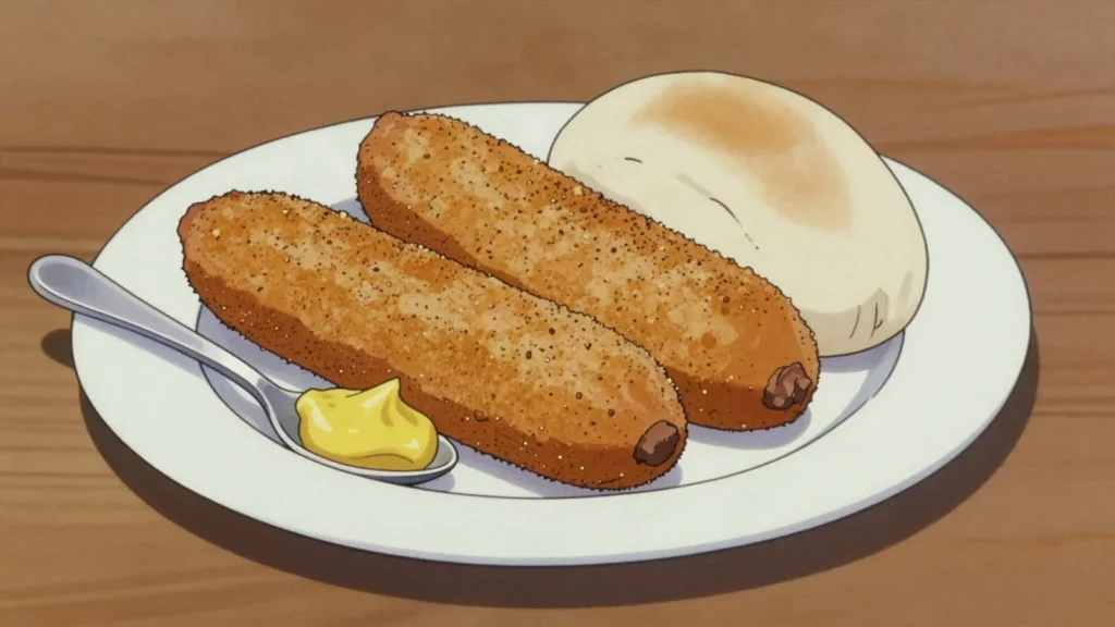 Kroket, fried ragout roll, famously eaten in a soft bun, Netherlands snack, anime style