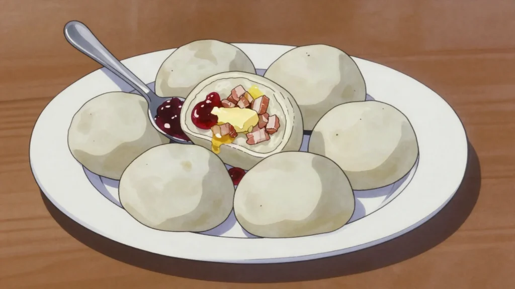 Kroppkakor, boiled potato dumplings stuffed with salt pork and onion, Sweden main, anime style