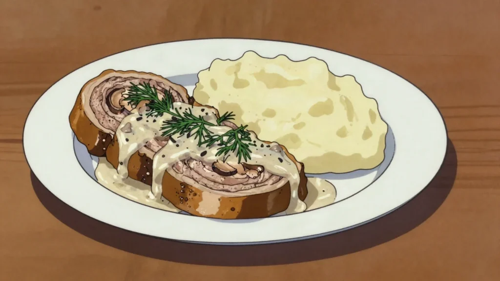 Kruchenyky, beef or pork rolled around mushrooms or bacon and braised, Ukraine main, anime style