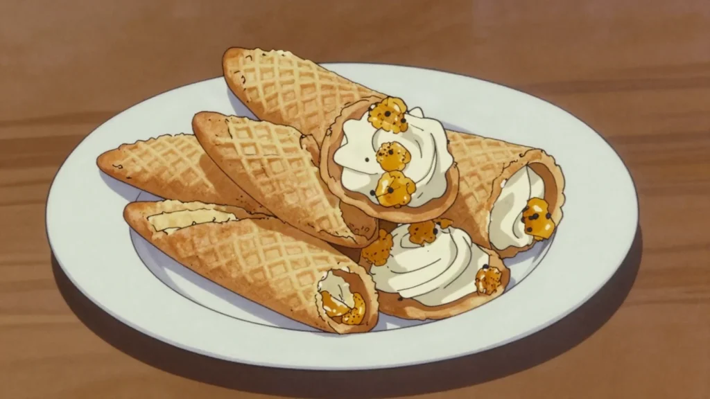 Krumkake, lacy waffle cones filled with whipped cream, Norway dessert, anime style