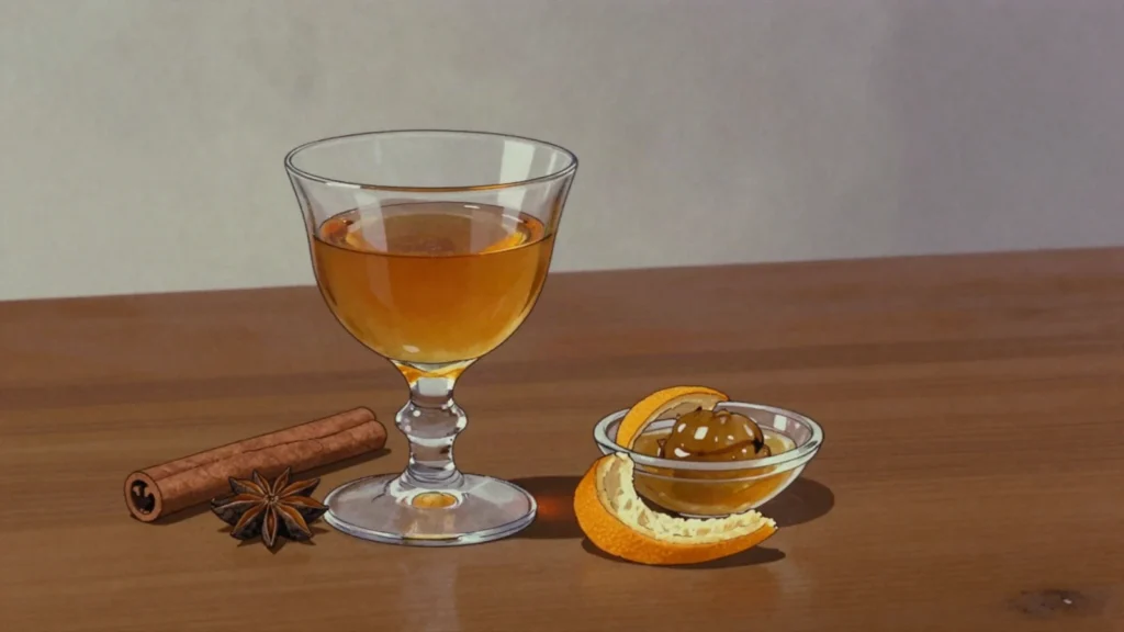 Krupnikas, spiced honey liqueur warmed in winter and poured at celebrations, Lithuania wine & spirit, anime style