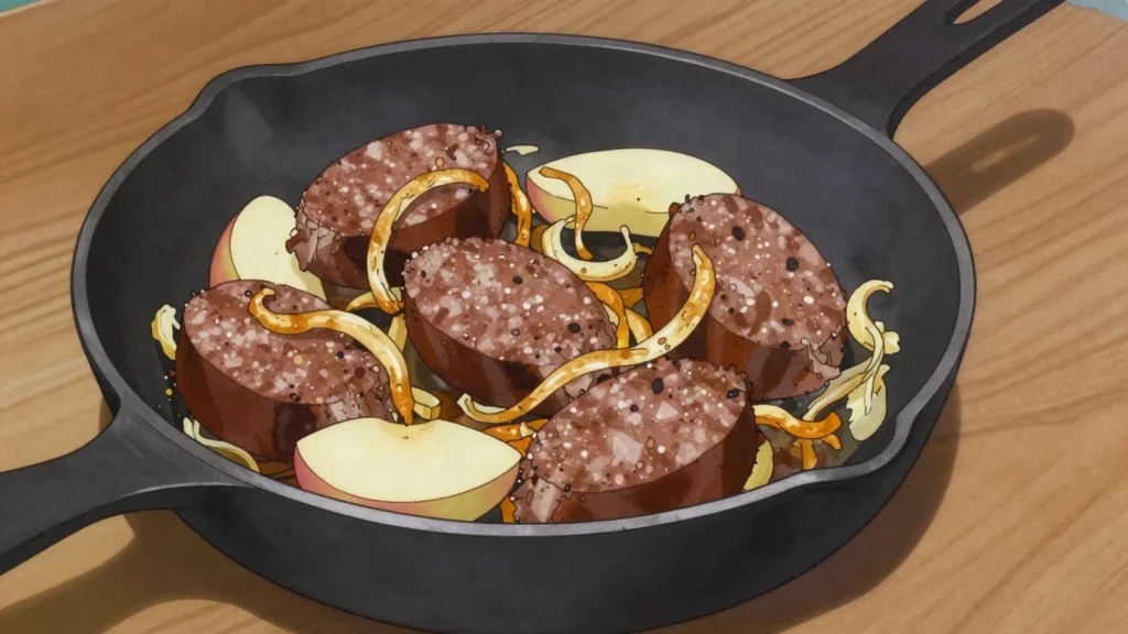 Kryvianka, blood sausage bulked with buckwheat groats, fried in slices, Belarus charcuterie & cured, anime style