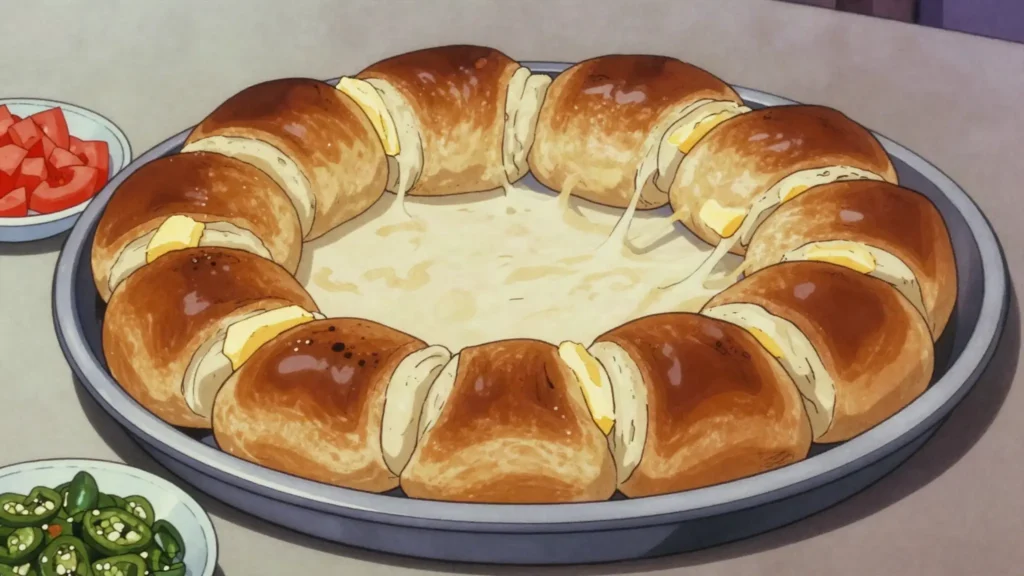 Kubaneh, buttery pull-apart bread baked overnight, served with grated tomato and zhug, Israel bread & pastry, anime style