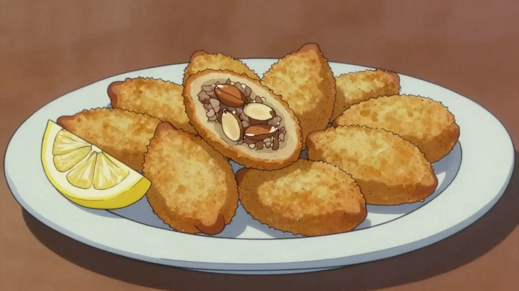 Kubbat Halab, rice-shell croquettes filled with minced meat and almonds, deep fried golden, Iraq snack, anime style