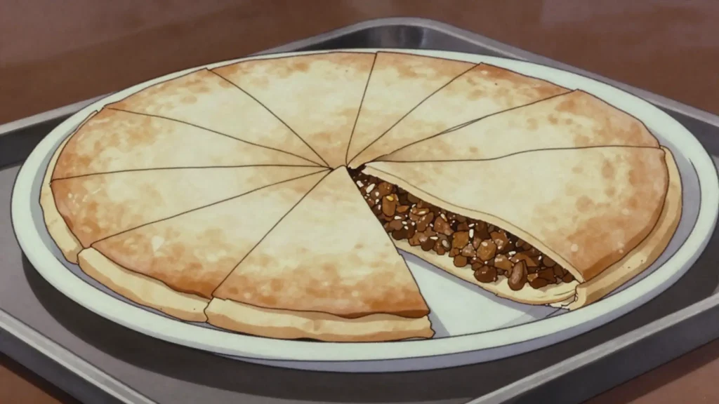 Kubbat Mosul, wide flat bulgur disc stuffed with spiced meat, sliced into wedges, Iraq main, anime style