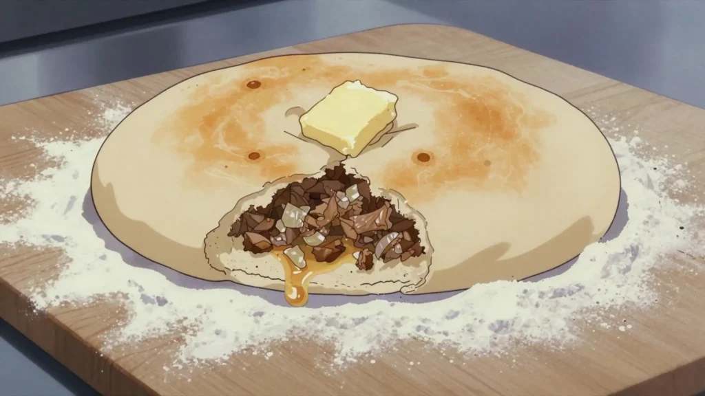 Kubdari, svan bread stuffed with chopped spiced meat, Georgia bread & pastry, anime style