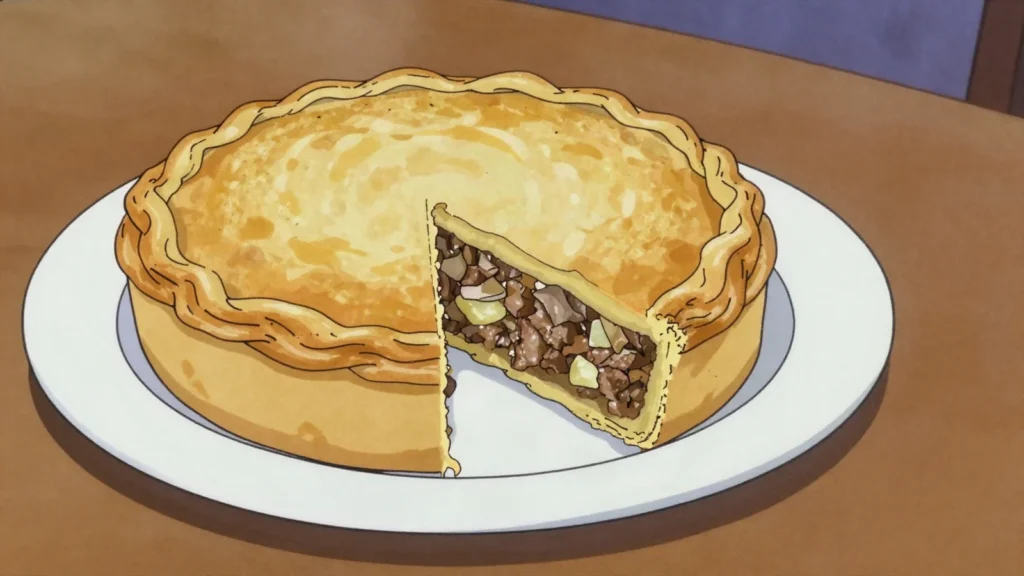 Kubete, crimean Tatar layered pie of meat, potato and onion, Ukraine bread & pastry, anime style