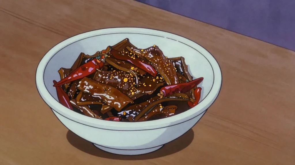 Kuchela, shredded green mango cured with mustard oil, chilli and, Trinidad and Tobago fermented & pickled, anime style