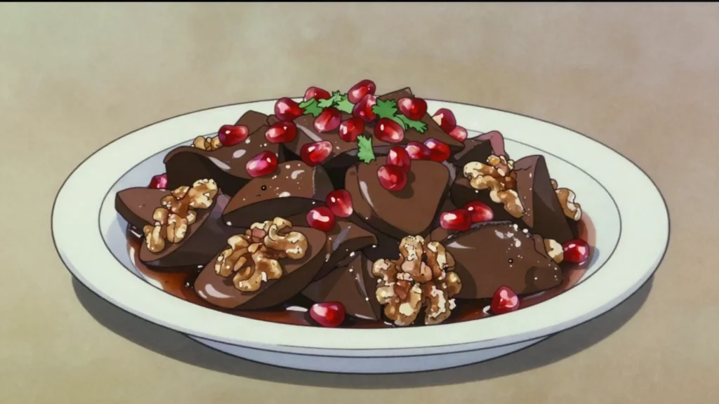 Kuchmachi, chicken or pork offal cooked with walnuts, wine and pomegranate seeds, Georgia main, anime style