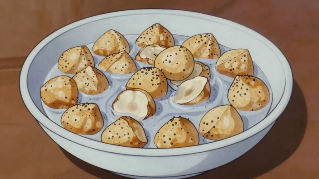 Kūčiukai, small hard poppy seed biscuits soaked in poppy milk on Christmas Eve, Lithuania snack, anime style