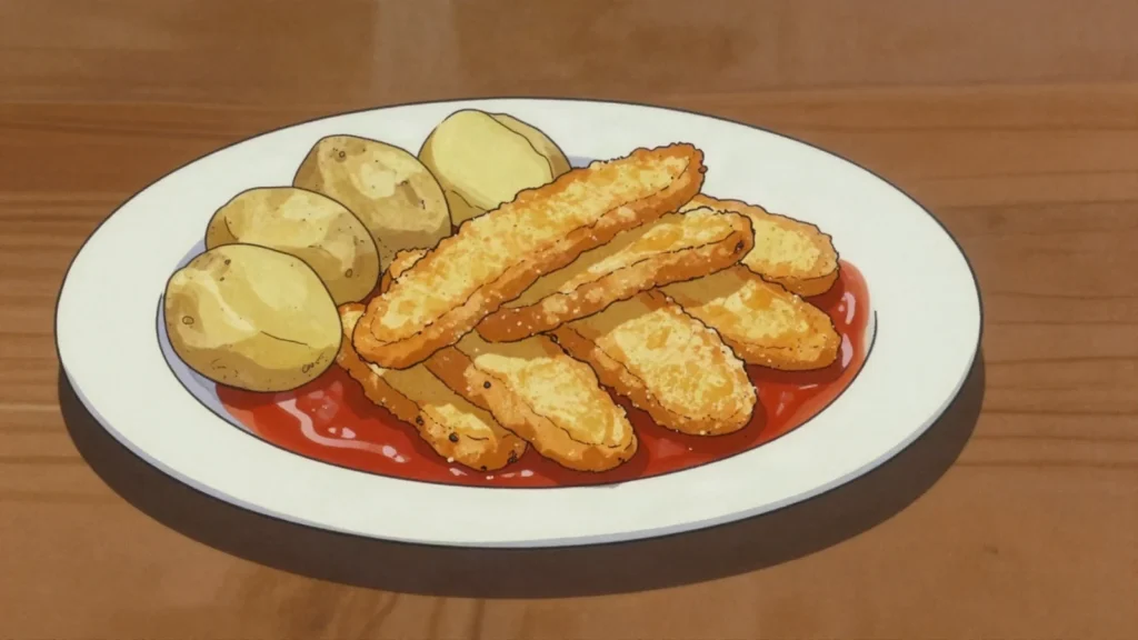 Kuddelfleck, breaded tripe fried and served in a spiced tomato sauce, Luxembourg main, anime style
